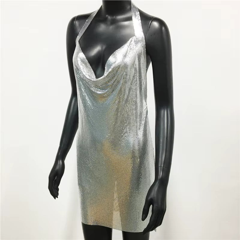 Elegant Backless Metal Sequins  V Deep Neck Side Split Halter Short Dress