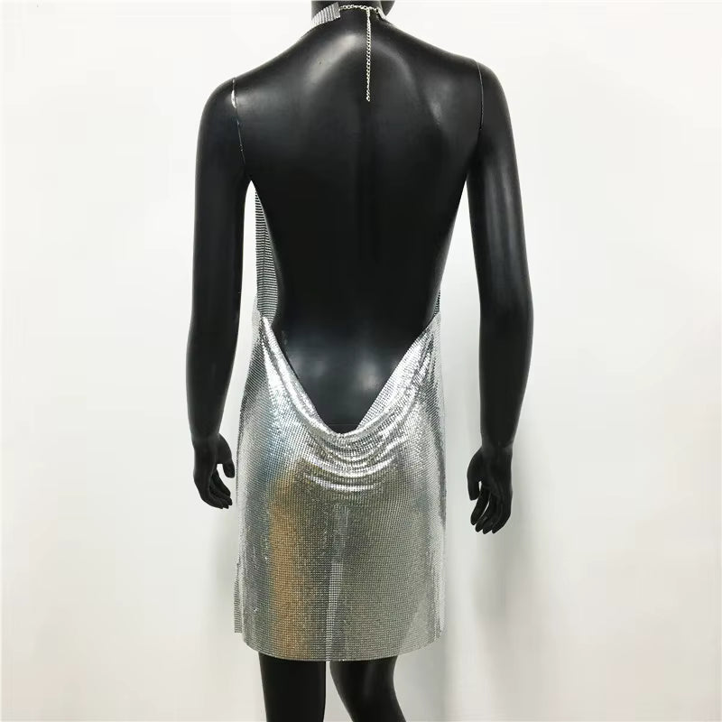 Elegant Backless Metal Sequins  V Deep Neck Side Split Halter Short Dress