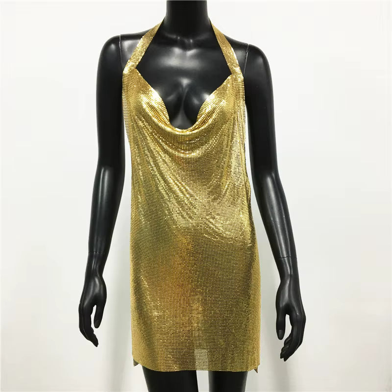 Elegant Backless Metal Sequins  V Deep Neck Side Split Halter Short Dress