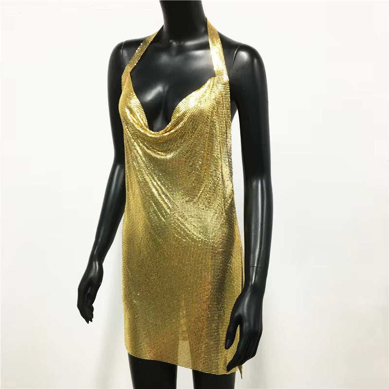 Elegant Backless Metal Sequins  V Deep Neck Side Split Halter Short Dress
