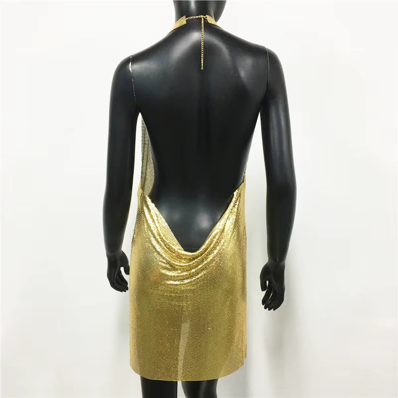 Elegant Backless Metal Sequins  V Deep Neck Side Split Halter Short Dress