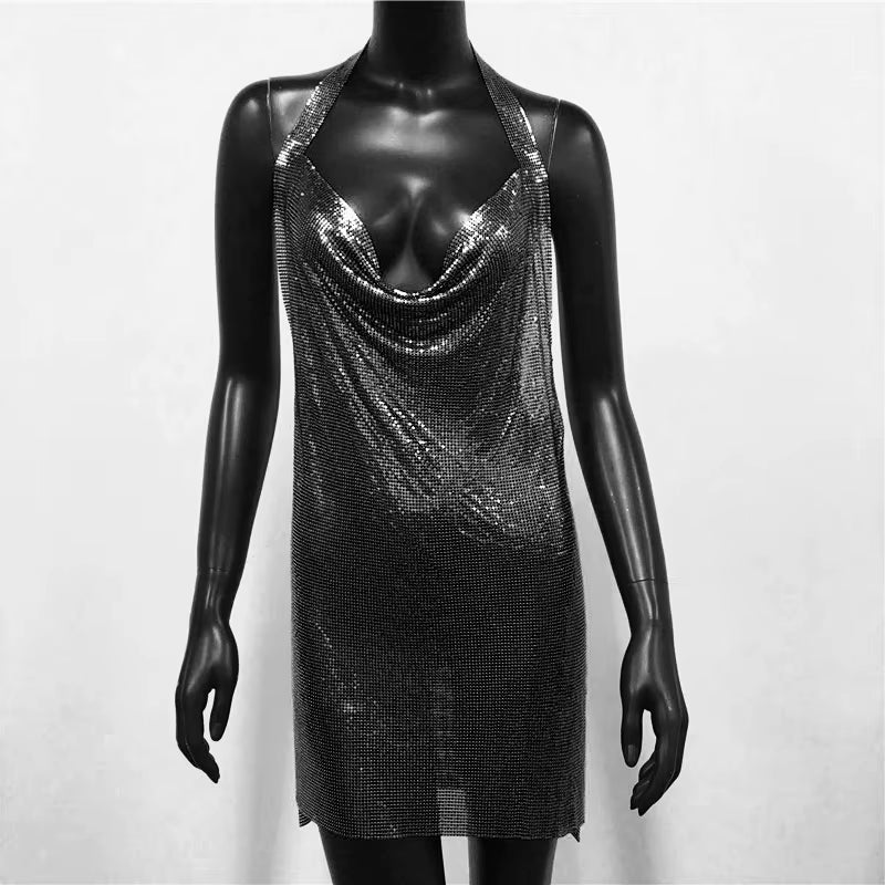 Elegant Backless Metal Sequins  V Deep Neck Side Split Halter Short Dress