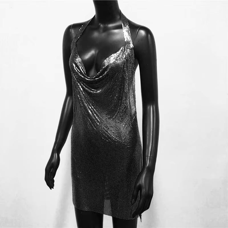 Elegant Backless Metal Sequins  V Deep Neck Side Split Halter Short Dress