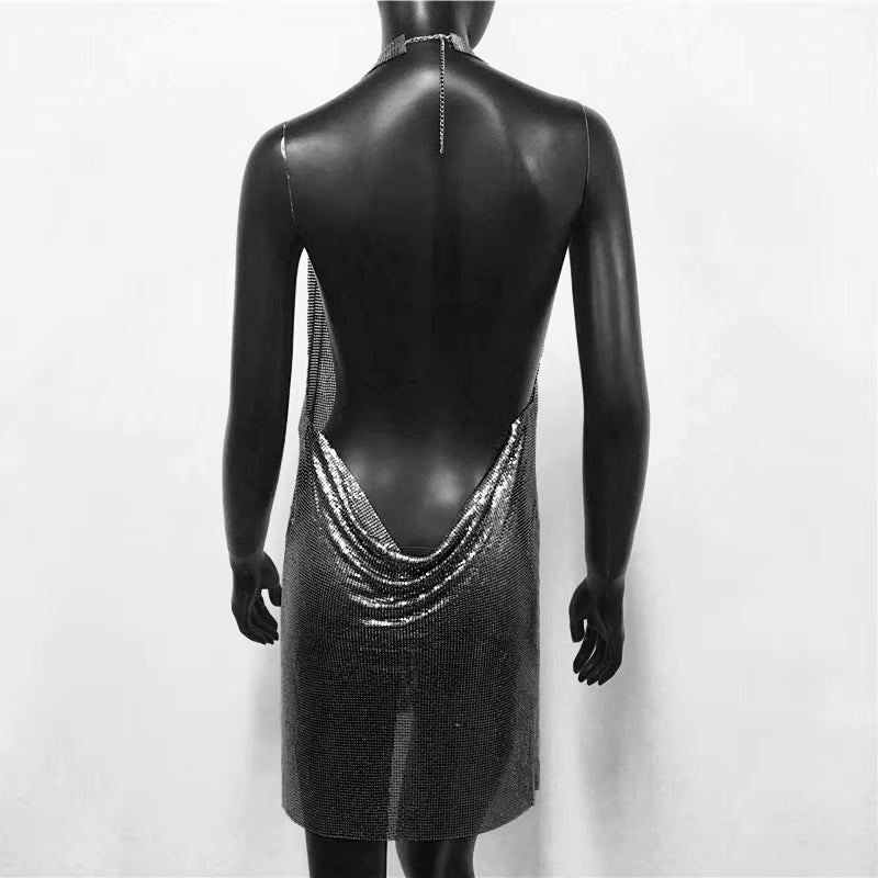 Elegant Backless Metal Sequins  V Deep Neck Side Split Halter Short Dress