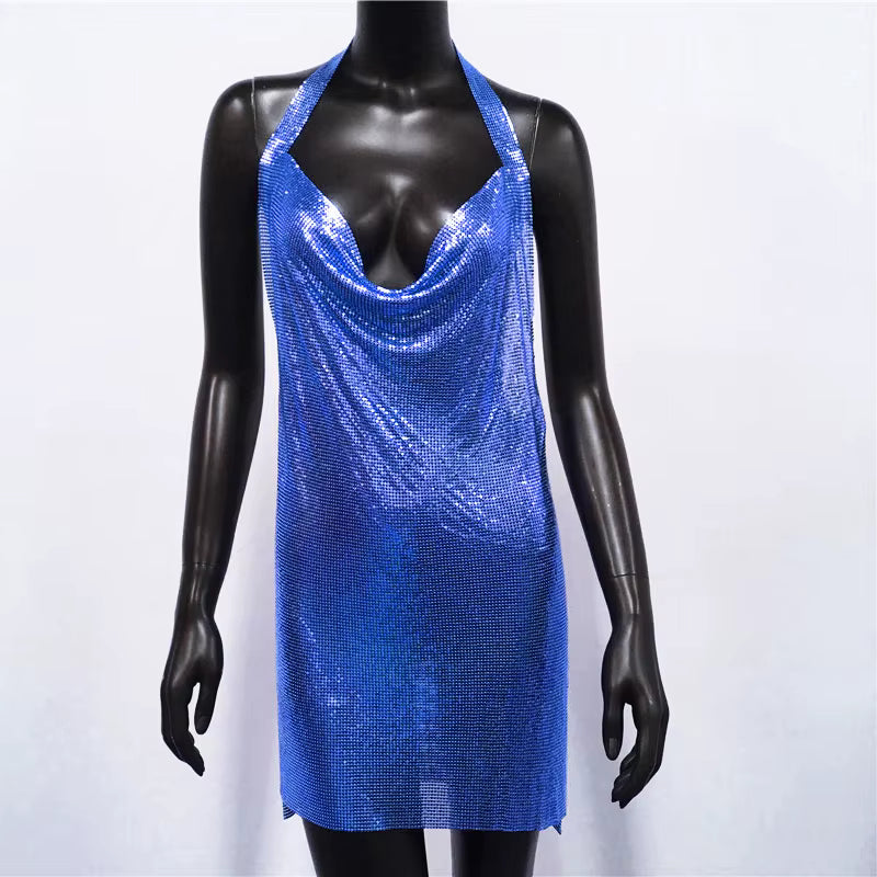 Elegant Backless Metal Sequins  V Deep Neck Side Split Halter Short Dress