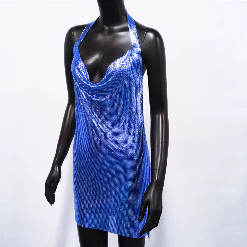 Elegant Backless Metal Sequins  V Deep Neck Side Split Halter Short Dress