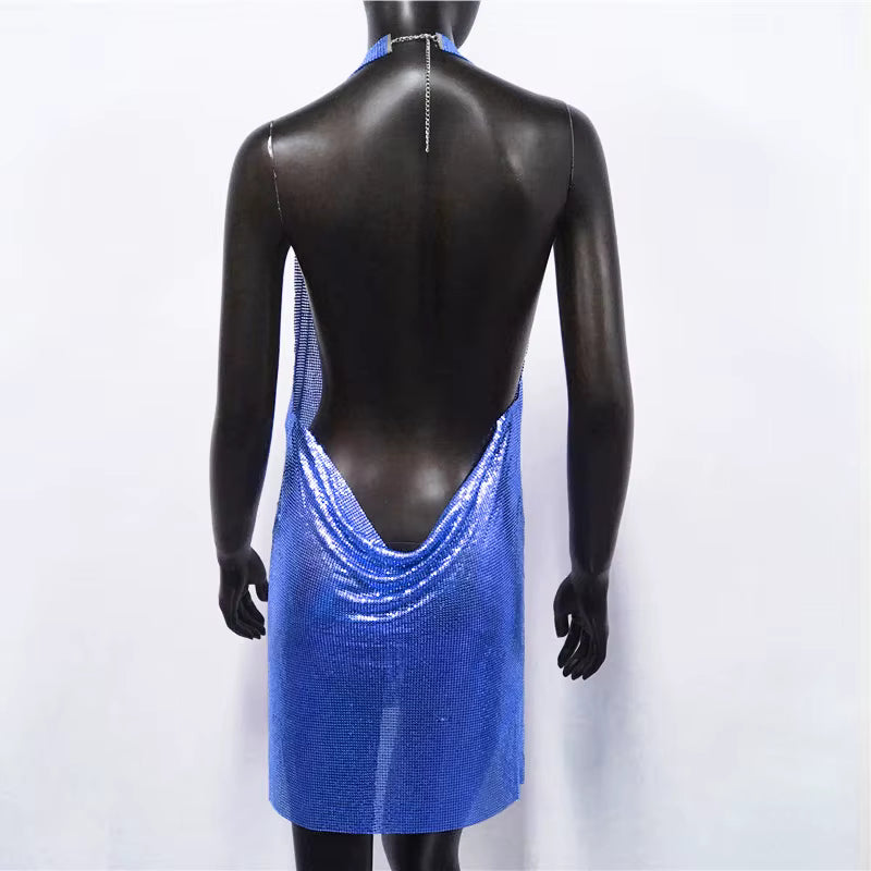 Elegant Backless Metal Sequins  V Deep Neck Side Split Halter Short Dress