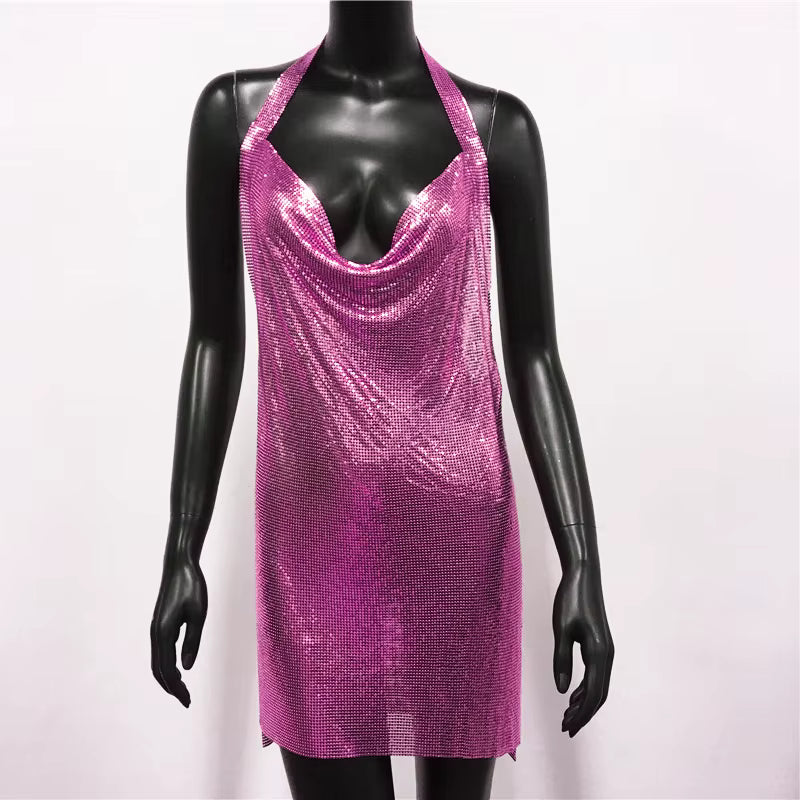 Elegant Backless Metal Sequins  V Deep Neck Side Split Halter Short Dress