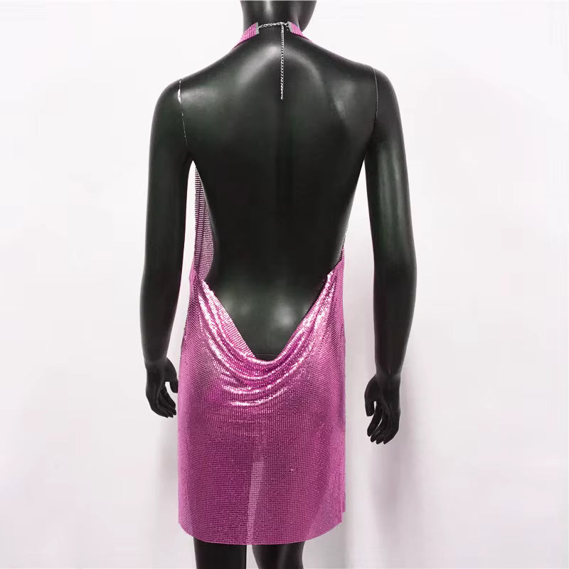 Elegant Backless Metal Sequins  V Deep Neck Side Split Halter Short Dress