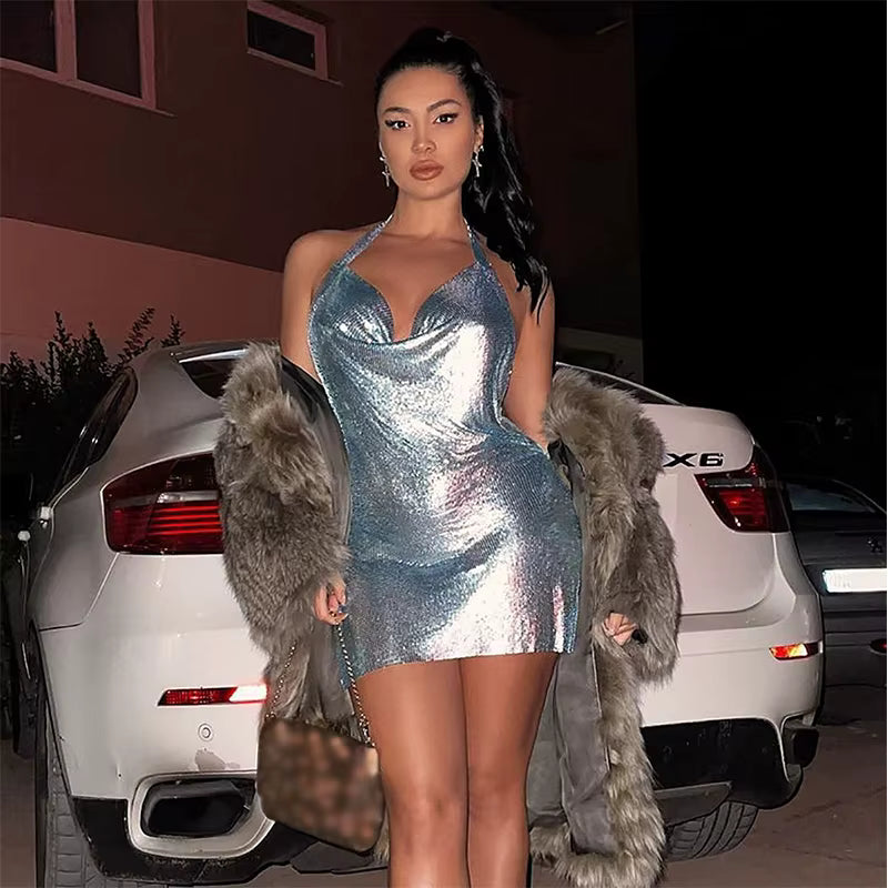 Elegant Backless Metal Sequins  V Deep Neck Side Split Halter Short Dress