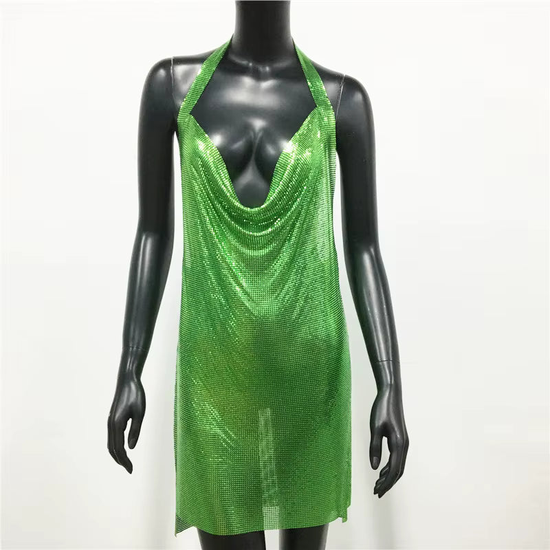 Elegant Backless Metal Sequins  V Deep Neck Side Split Halter Short Dress