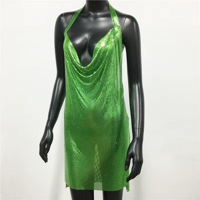 Elegant Backless Metal Sequins  V Deep Neck Side Split Halter Short Dress