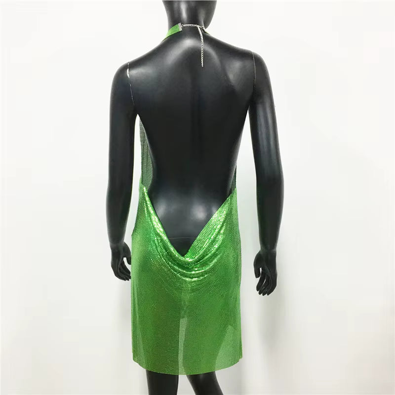 Elegant Backless Metal Sequins  V Deep Neck Side Split Halter Short Dress