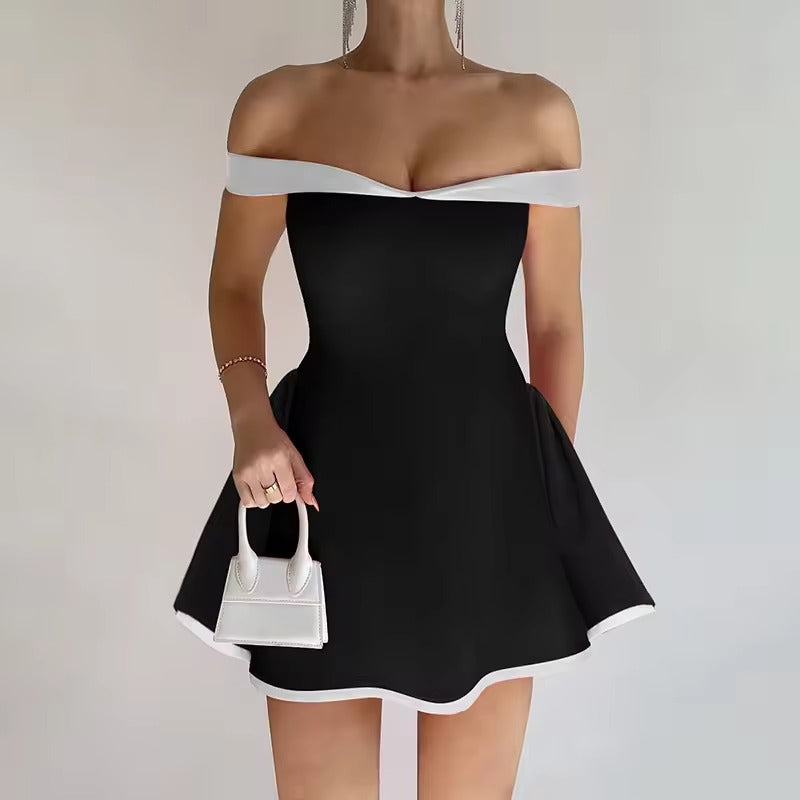 Elegant Backless Off-Shoulder Slim Contrast Color Mini