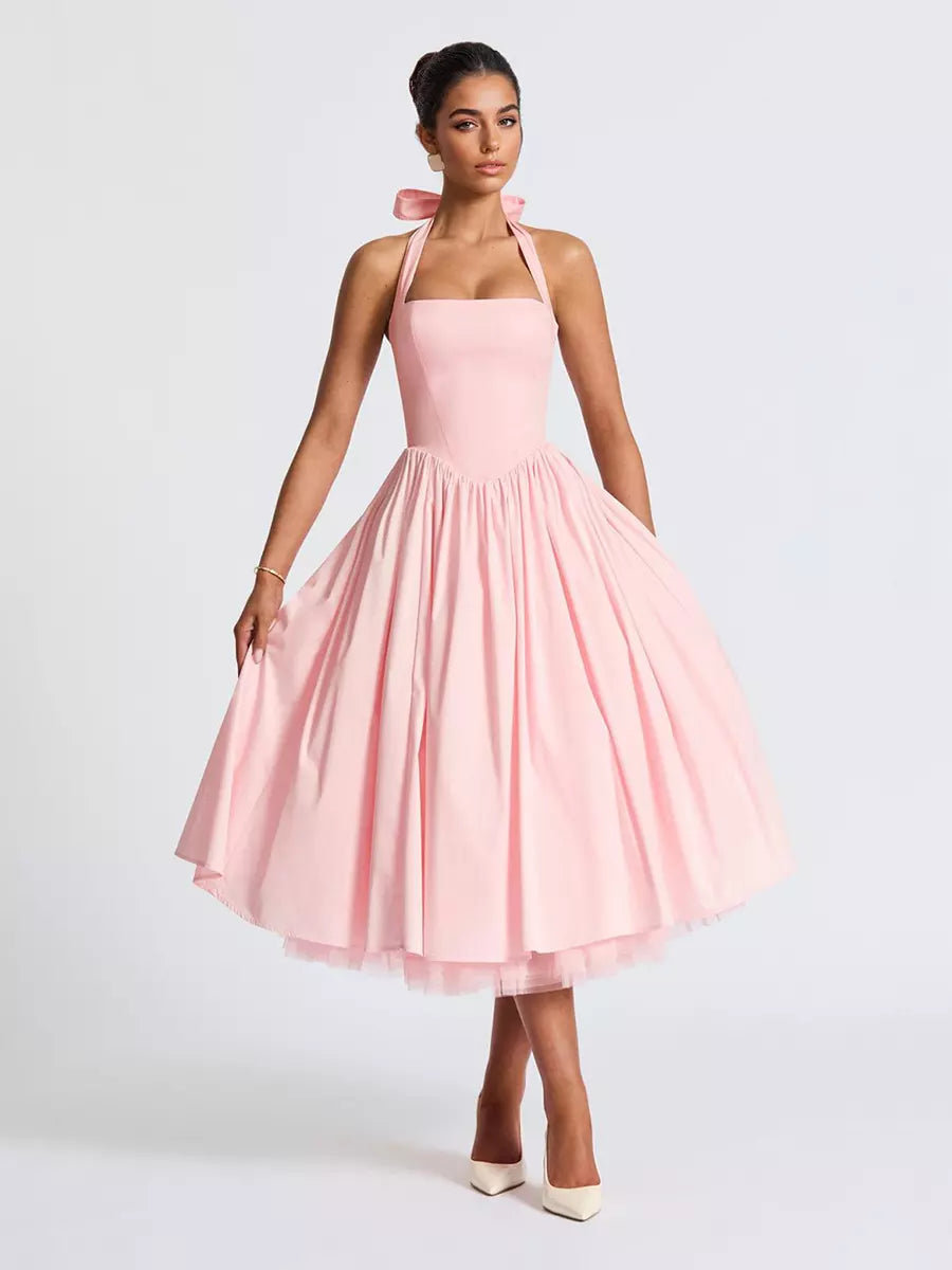 Elegant Backless Pleated Halter Neck A-line Sleeveless Polyester Midi Party Dress
