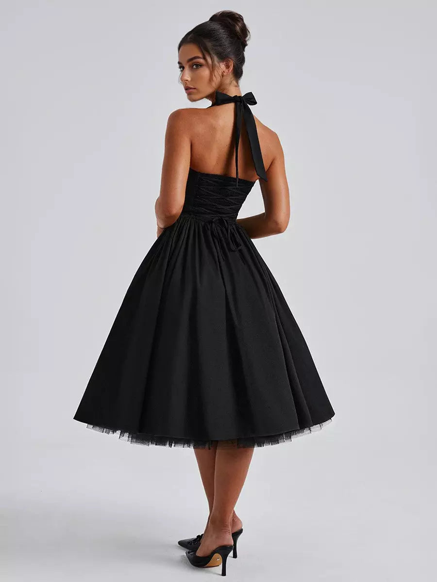 Elegant Backless Pleated Halter Neck A-line Sleeveless Polyester Midi Party Dress
