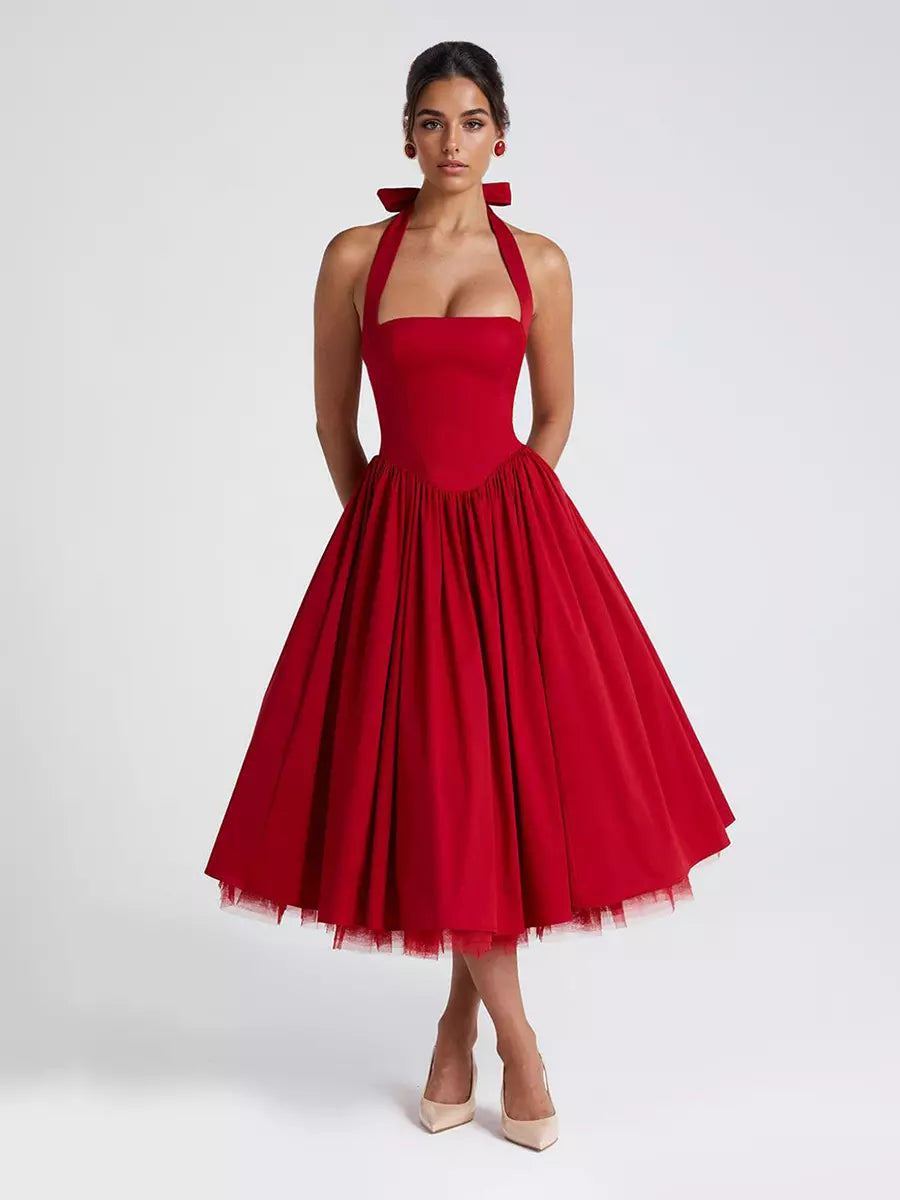 Elegant Backless Pleated Halter Neck A-line Sleeveless Polyester Midi Party Dress