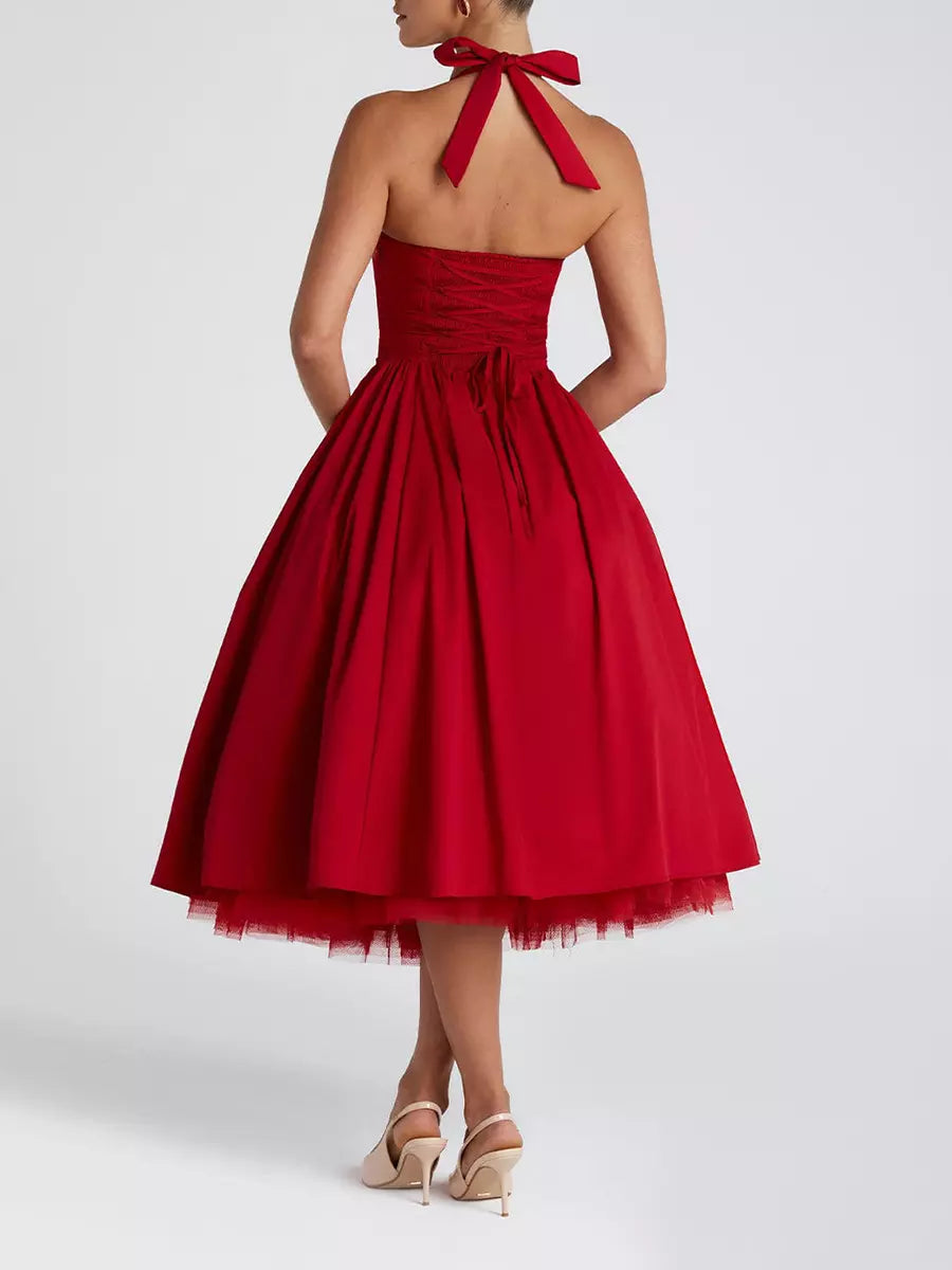 Elegant Backless Pleated Halter Neck A-line Sleeveless Polyester Midi Party Dress