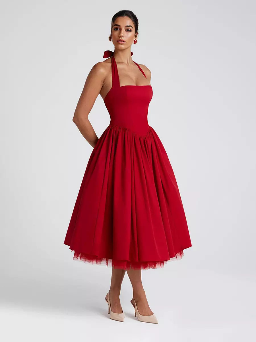 Elegant Backless Pleated Halter Neck A-line Sleeveless Polyester Midi Party Dress