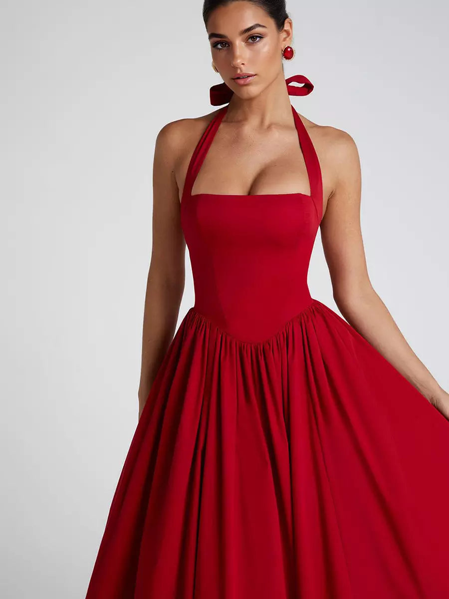 Elegant Backless Pleated Halter Neck A-line Sleeveless Polyester Midi Party Dress