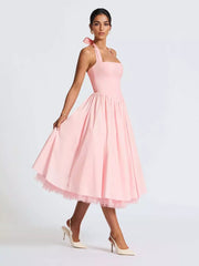 Elegant Backless Pleated Halter Neck A-line Sleeveless Polyester Midi Party Dress