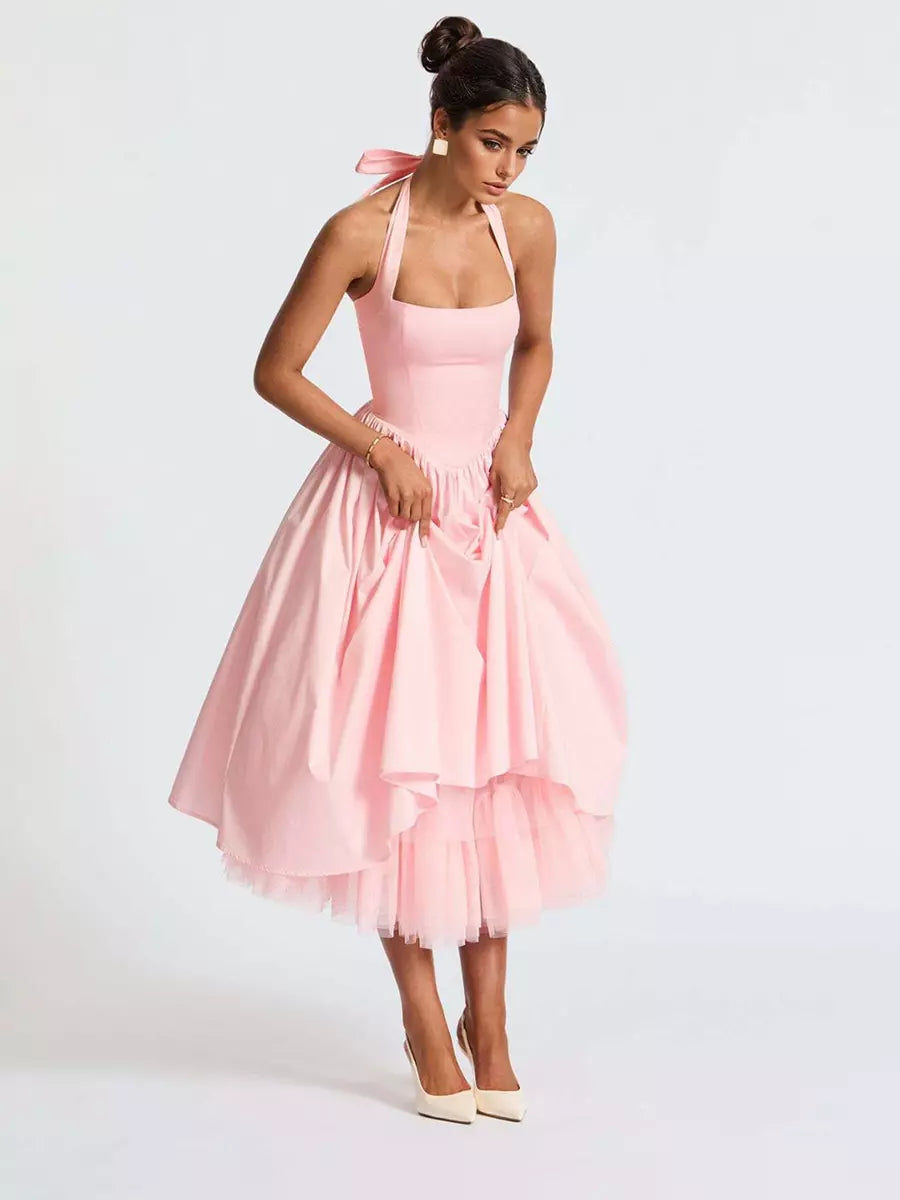 Elegant Backless Pleated Halter Neck A-line Sleeveless Polyester Midi Party Dress