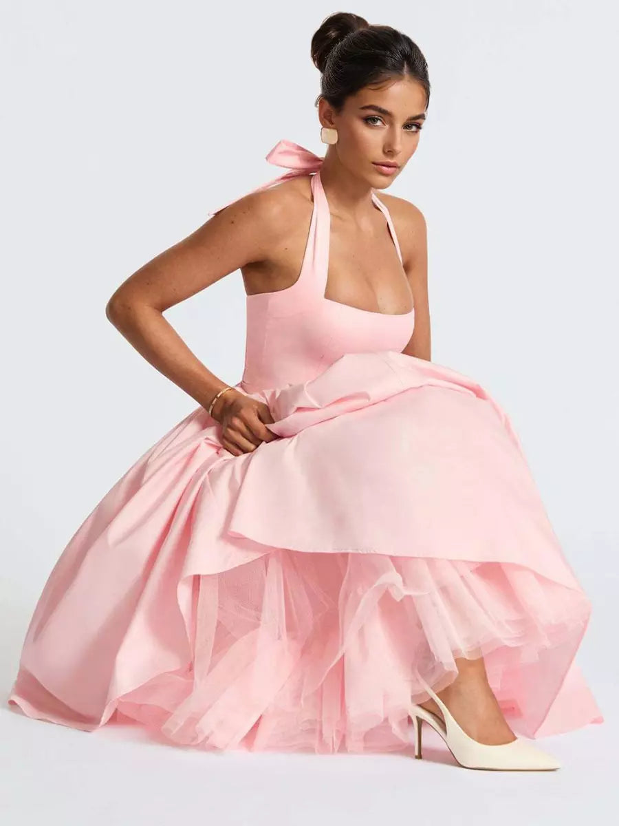 Elegant Backless Pleated Halter Neck A-line Sleeveless Polyester Midi Party Dress