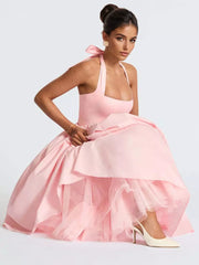 Elegant Backless Pleated Halter Neck A-line Sleeveless Polyester Midi Party Dress