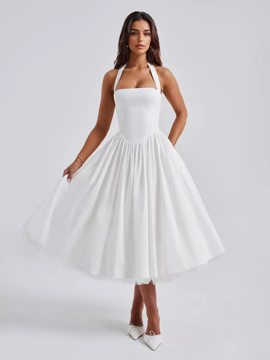 Elegant Backless Pleated Halter Neck A-line Sleeveless Polyester Midi Party Dress