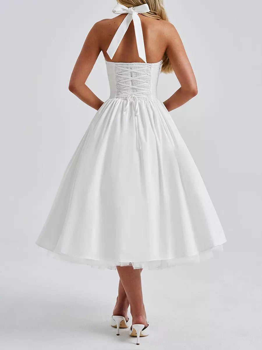 Elegant Backless Pleated Halter Neck A-line Sleeveless Polyester Midi Party Dress