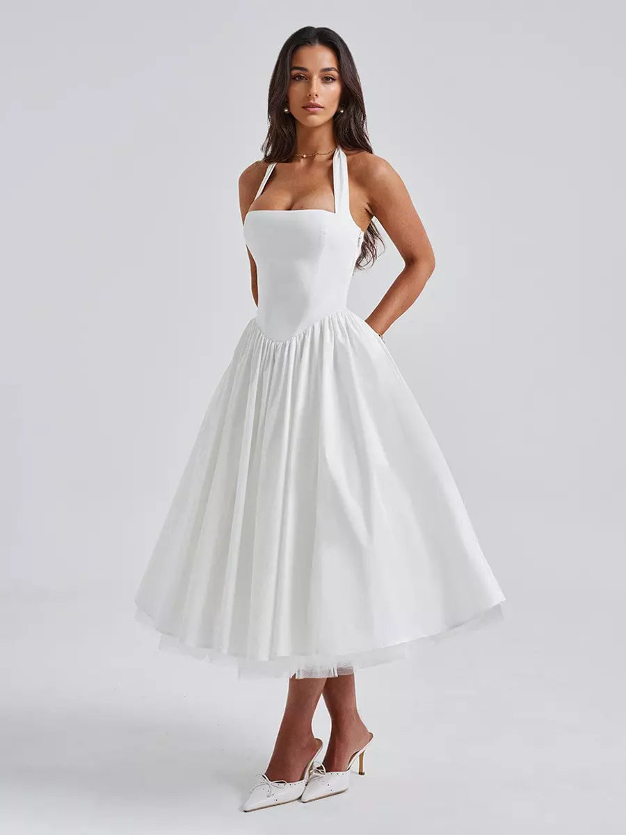 Elegant Backless Pleated Halter Neck A-line Sleeveless Polyester Midi Party Dress