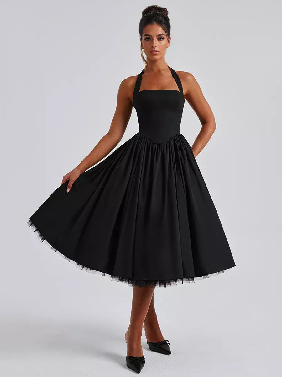 Elegant Backless Pleated Halter Neck A-line Sleeveless Polyester Midi Party Dress