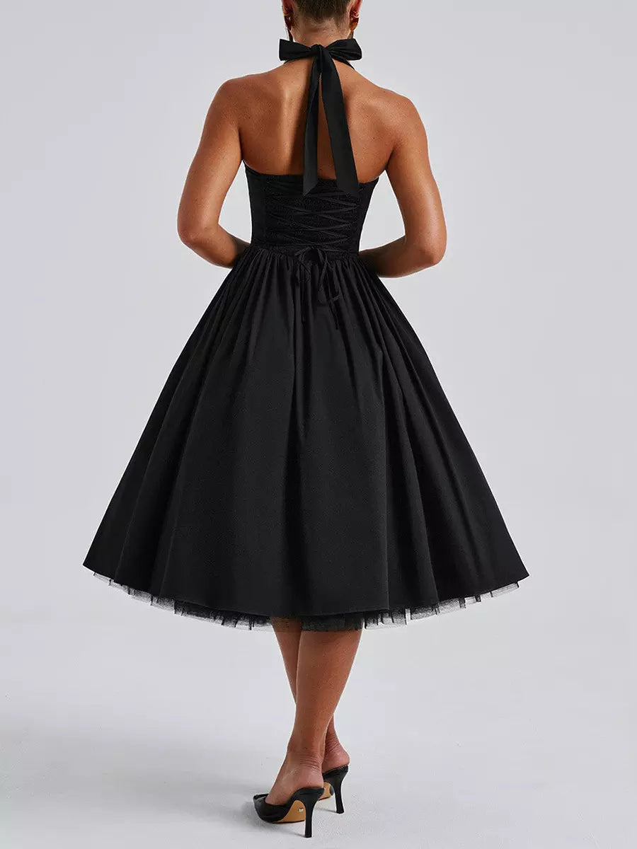 Elegant Backless Pleated Halter Neck A-line Sleeveless Polyester Midi Party Dress