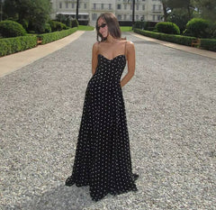 Elegant Backless Pleated Wave Point Sling Floor-length Maxi Dress