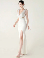 Elegant Backless Rhinestone Party Wedding Prom Evening Dresses