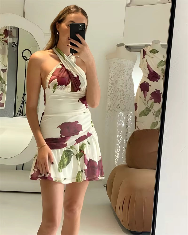 Elegant Backless Ruffle Print Hollow Out Sleeveless Draped Mini Dress