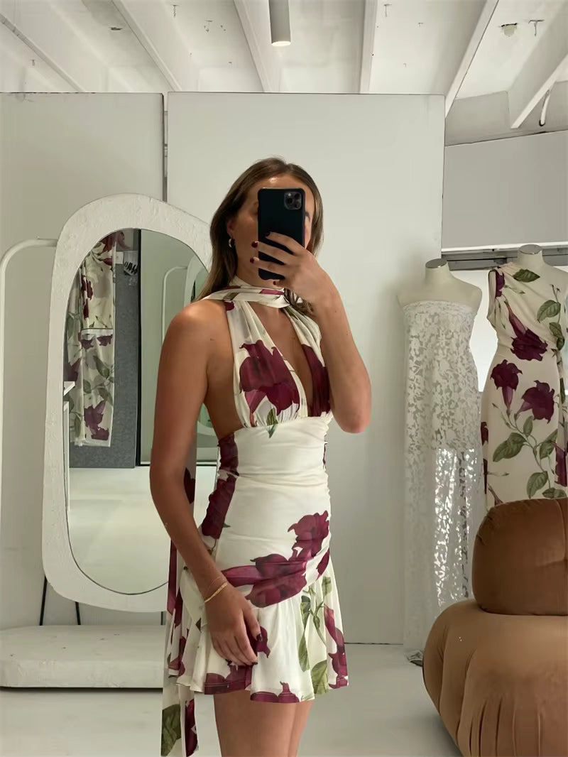Elegant Backless Ruffle Print Hollow Out Sleeveless Draped Mini Dress