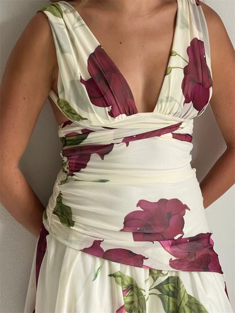 Elegant Backless Ruffle Print Hollow Out Sleeveless Draped Mini Dress