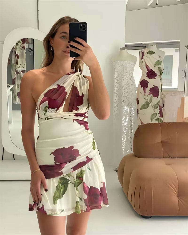 Elegant Backless Ruffle Print Hollow Out Sleeveless Draped Mini Dress