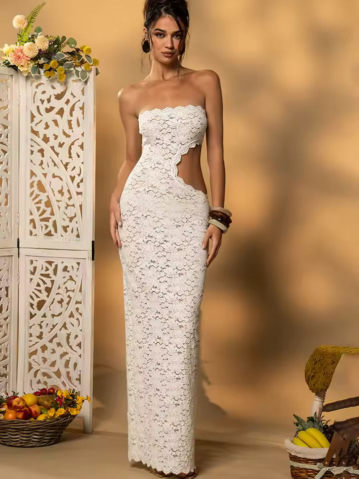 Elegant Backless See Through Strapless Hollow Out Lace Maxi Dress