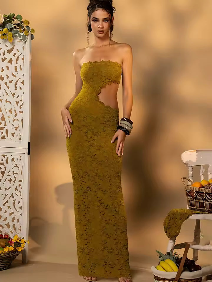 Elegant Backless See Through Strapless Hollow Out Lace Maxi Dress