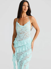 Elegant Backless Sheer Lace Halter Spaghetti Strap Ribbon Dress