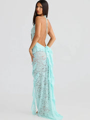 Elegant Backless Sheer Lace Halter Spaghetti Strap Ribbon Dress