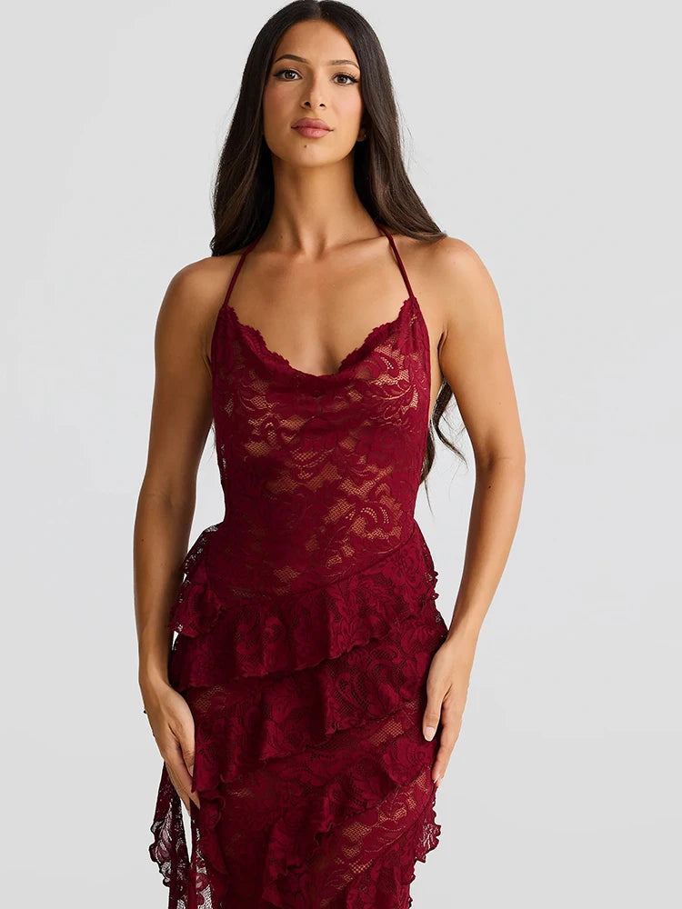 Elegant Backless Sheer Lace Halter Spaghetti Strap Ribbon Dress