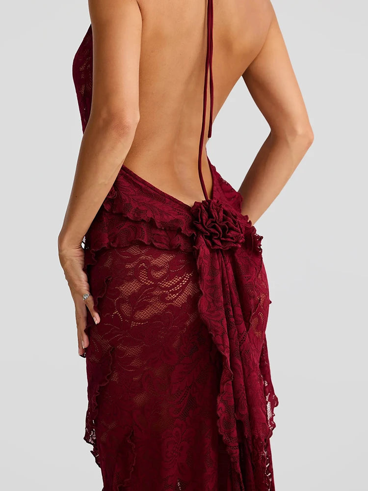 Elegant Backless Sheer Lace Halter Spaghetti Strap Ribbon Dress