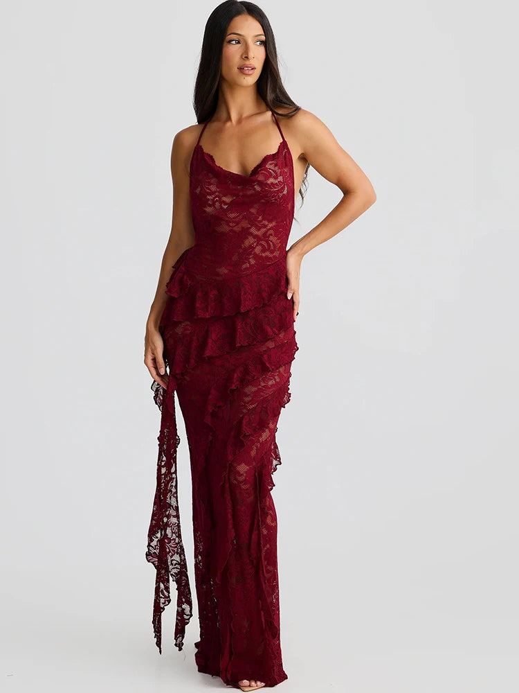 Elegant Backless Sheer Lace Halter Spaghetti Strap Ribbon Dress