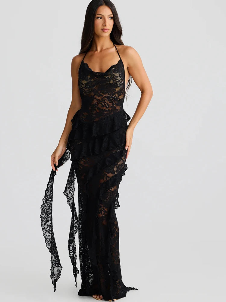 Elegant Backless Sheer Lace Halter Spaghetti Strap Ribbon Dress