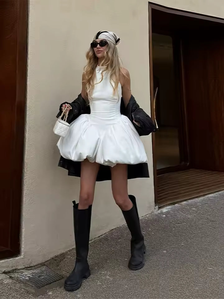 Elegant Backless Sleeveless Solid Neck Cinched Waist Bubble Hem Mini Dresses