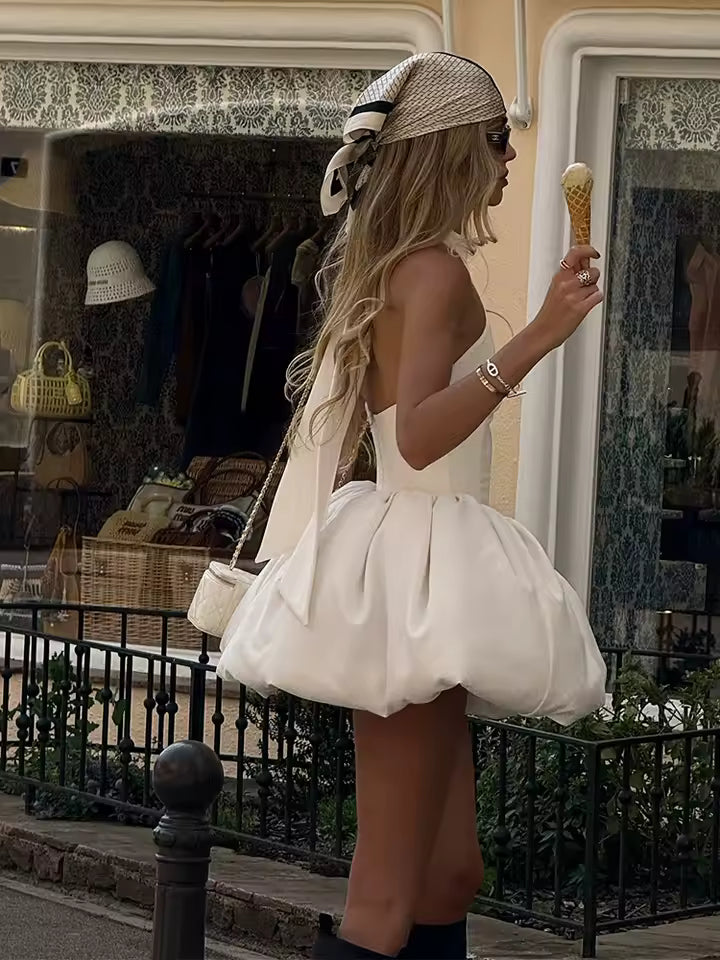 Elegant Backless Sleeveless Solid Neck Cinched Waist Bubble Hem Mini Dresses