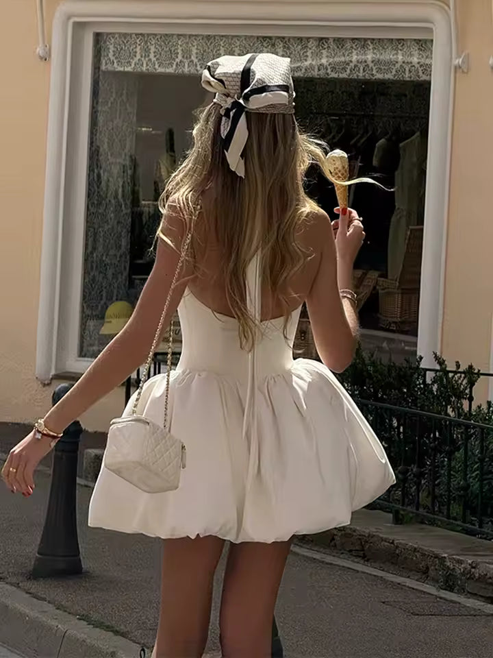 Elegant Backless Sleeveless Solid Neck Cinched Waist Bubble Hem Mini Dresses